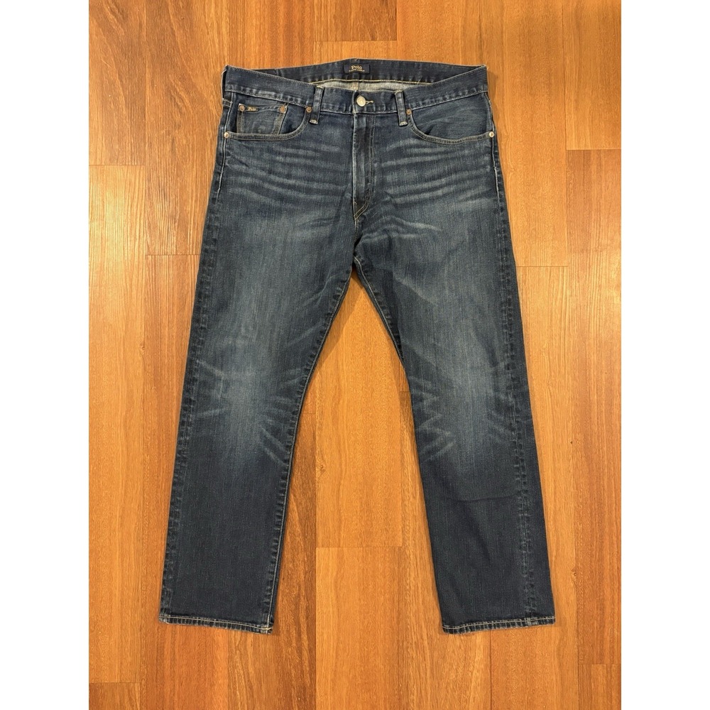 Polo Ralph Lauren Mens Jeans 36x30 Blue Denim Straight Relaxed Stretch Leather